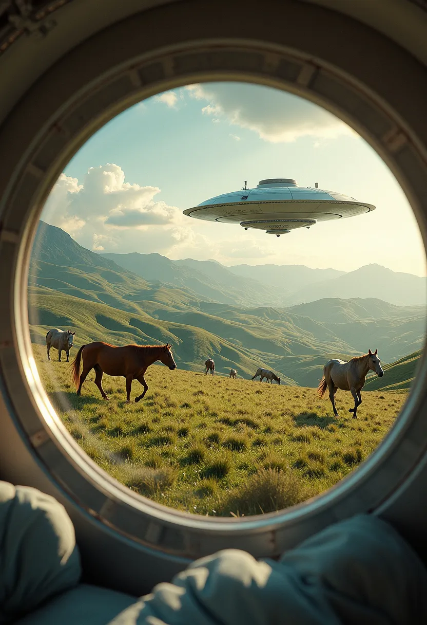  INSIDE A UFO , Through the window you can see cows and horses grazing