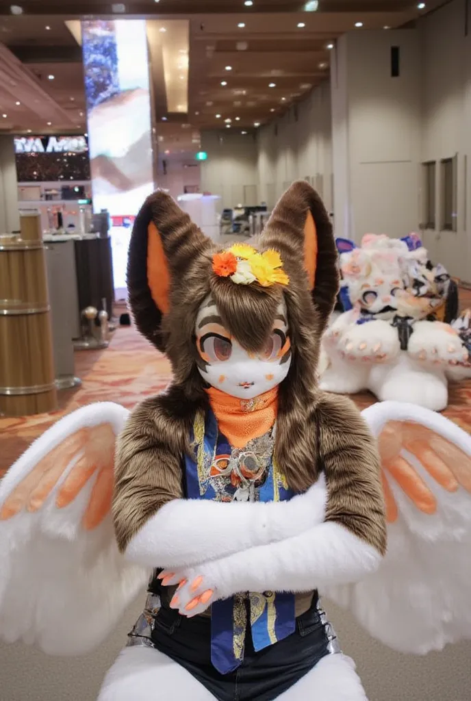 cute autumnal fennec fox girl, long dark brown hair, wearing orange collar, eyeshadow, orange eyes, in a convention centre, crossed arms, angel wings