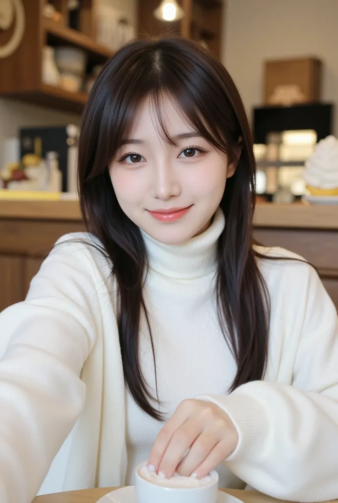 style is good　Chest bulge　big white turtleneck　 Smile　smile　selfie　Japanese woman　Black Haired Semi-Long　 has bangs　Cafe