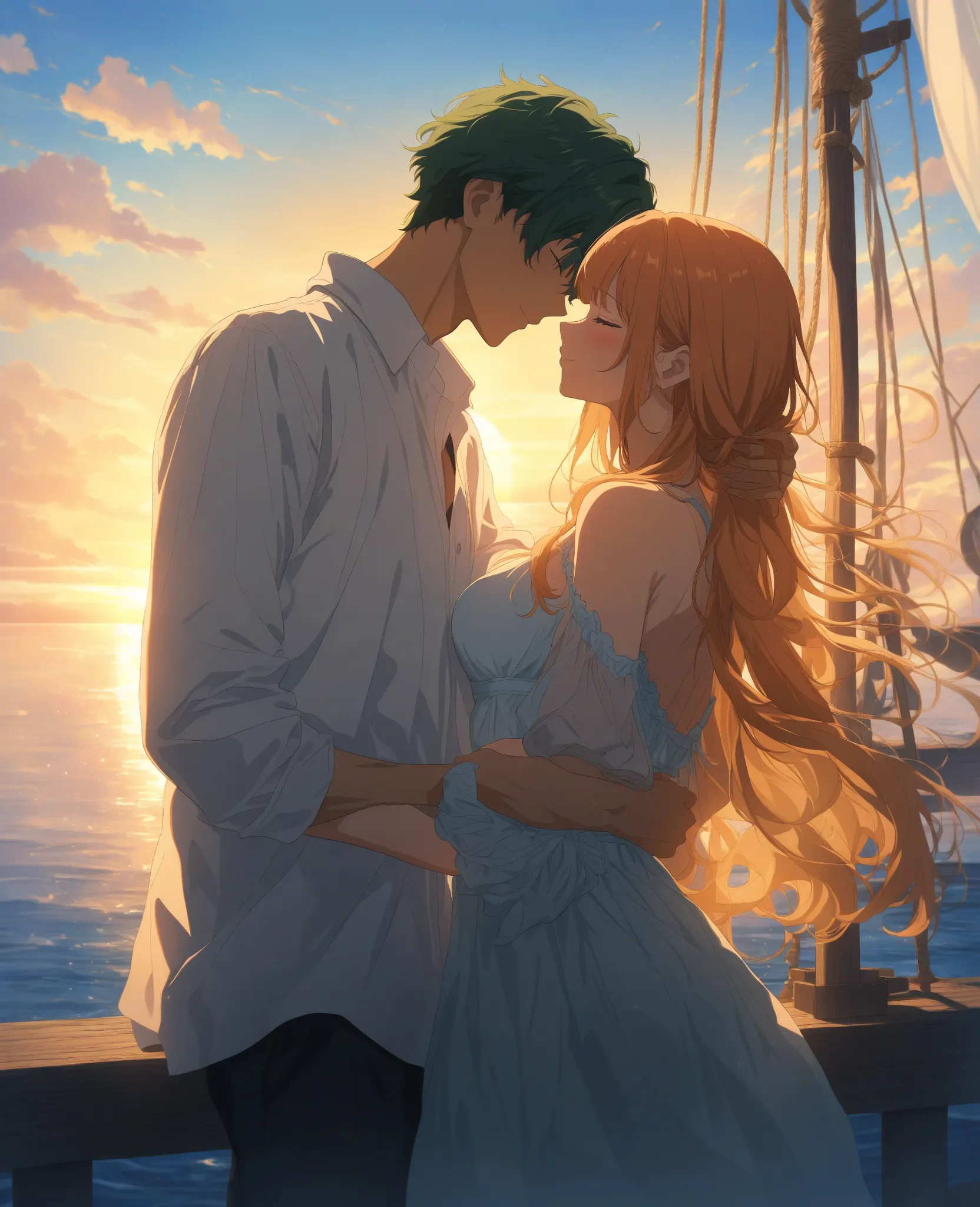 A strong swordsman with green hair and a muscular build stands on the deck of a pirate ship, gazing at the sunset. Beside him, a beautiful female navigator with long orange hair leans gently on his shoulder, smiling. The warm golden light of the setting su...