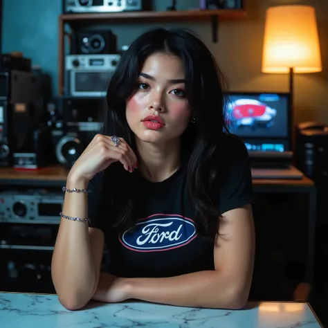 Professional photographic shot of a confident woman with long, sleek black hair, her skin glowing under direct lighting, highlighting her striking features and radiant smile. She is wearing a black t-shirt with a bold "Ford" logo, paired with silver jewelr...