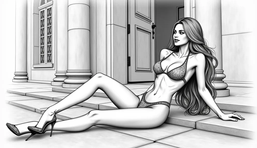 A wealth ancient house, a beautiful women with long hair,sexy body and outfit,laying down on a bench by the entrance of house, smiling, showing off herself, pencil drawing,black and white,clear outline,masterpiece, high detail, expanded