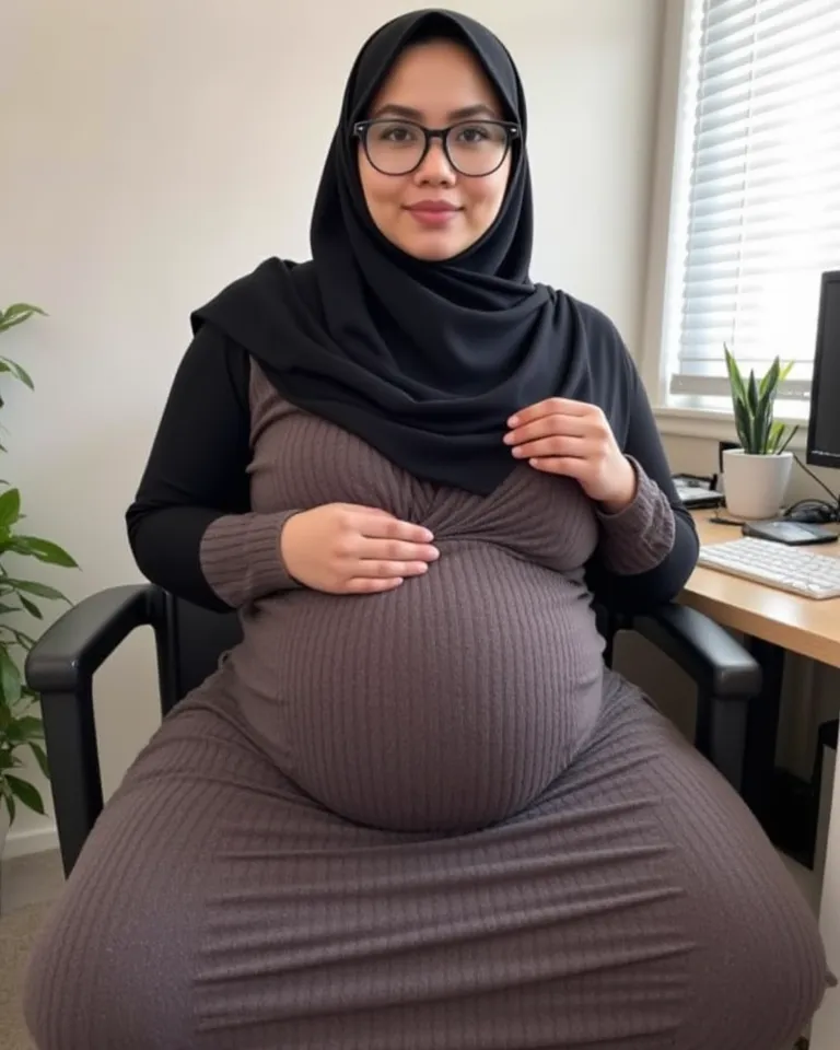 1girl, beautiful face, muslimah, wearing a hijab, wearing a glasses, wearing a knit dress, she is chubby, plump body, plus sized, thicc body, gigantic sagging breast, huge breast, wide hips, huge thighs, fat ass, she was pregnant, third trimester, overdue ...