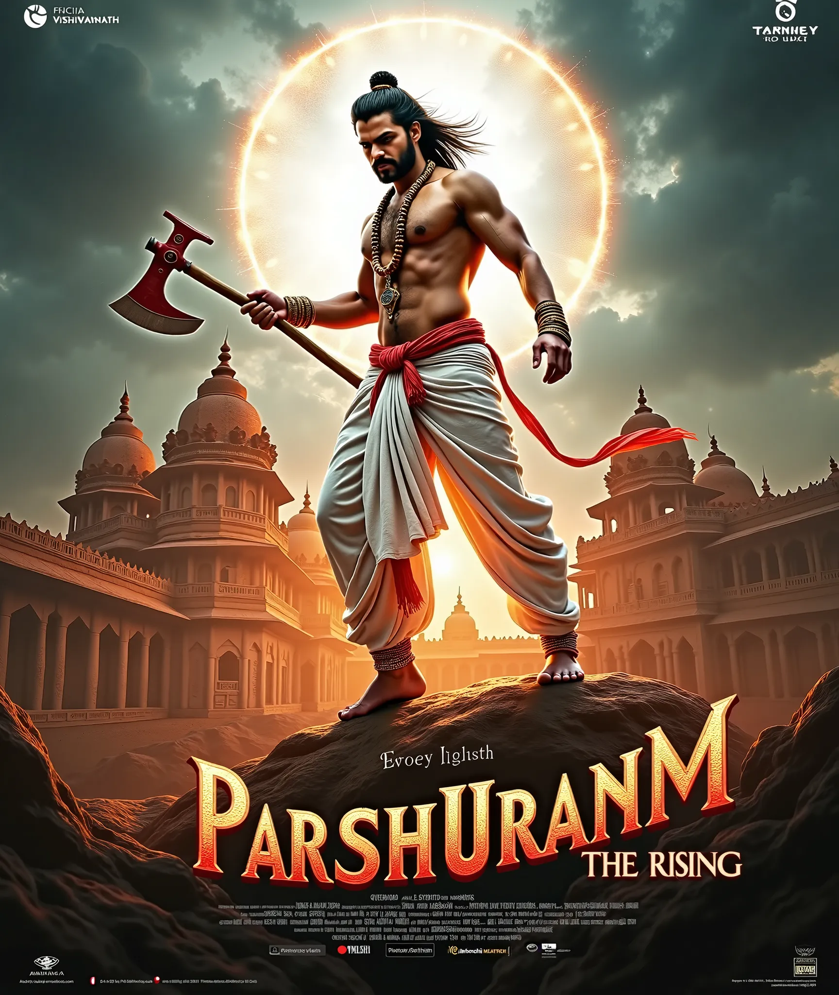 Create a powerful Bollywood action movie poster for *"Parshuram - The Rising."* The scene should feature a grand background of a majestic Indian temple inspired by the Kashi Vishwanath temple, set against a sky with vibrant shades of red, orange, and hints...