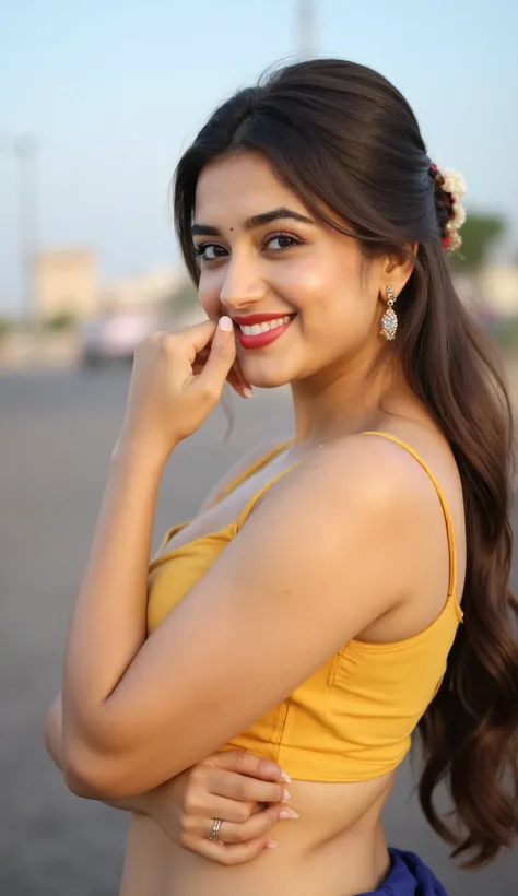 HD wallpaper 32k cinematic shoot of a Beautiful cute Nupur Sanon, curvy plus size, very very big breasts, swooping breasts, pretty chubby women, red lips, jewelry styles, long bun-cut hair, yellow blouse and blue petticoat,, wearing hotpink sleeveless blo...
