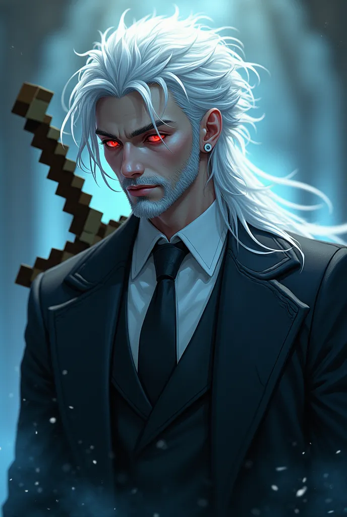 white hair, white skin, a suit, red eyes, ager, minecraft sword on the back,man,style anime