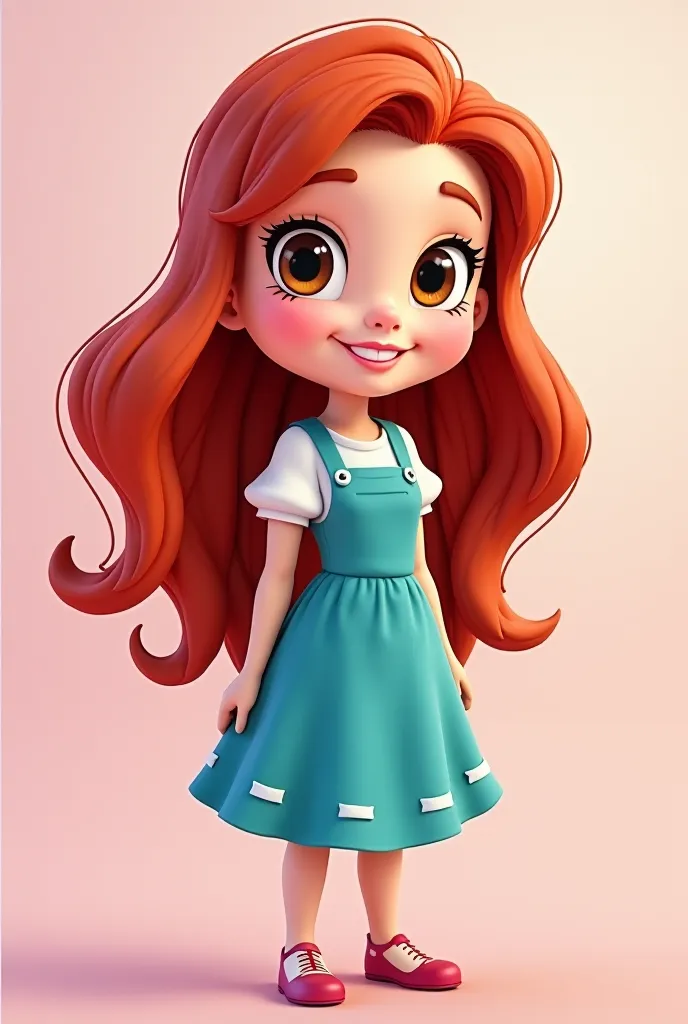 Create an image in cartoon format My main character is a cutie, , a redhead with long wavy hair, a redhead, brown eyes and a very beautiful and shiny blue gradient with aqua green she is an artisan and loves heart and color of pink.

Make her represent Eas...