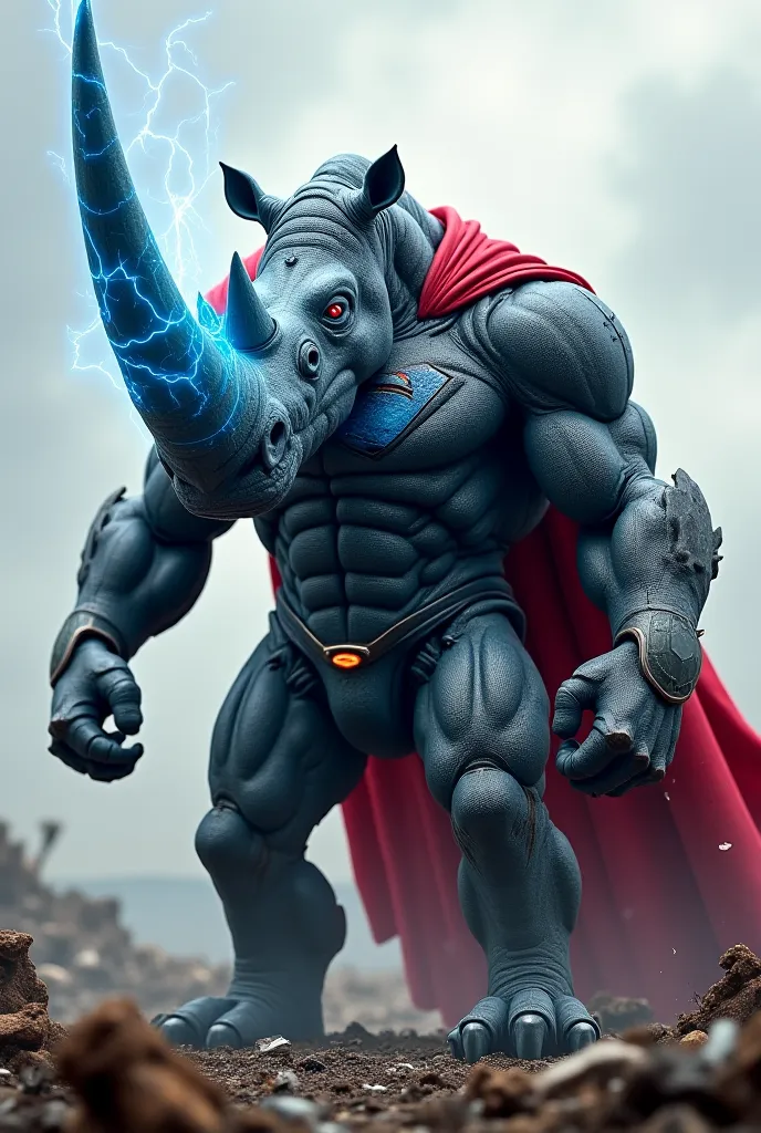 A monstrous fusion of Superman and a rhino stands in the wreckage of a battlefield, its body an incredible fusion of thick, gray armor-like skin and glowing Kryptonian energy. A massive, indestructible horn shines with an eerie blue glow, crackling with co...