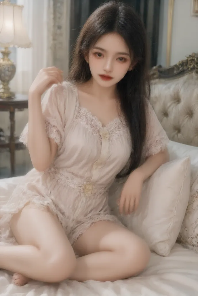 A 20-year-old Chinese girl lies relaxed on a luxurious sofa, posing in an extremely alluring manner. **Her face** is shy, with a slight blush on her cheeks, reflecting the warm glow of the bedside lamp. Her large, round eyes, framed by thick, slightly curl...