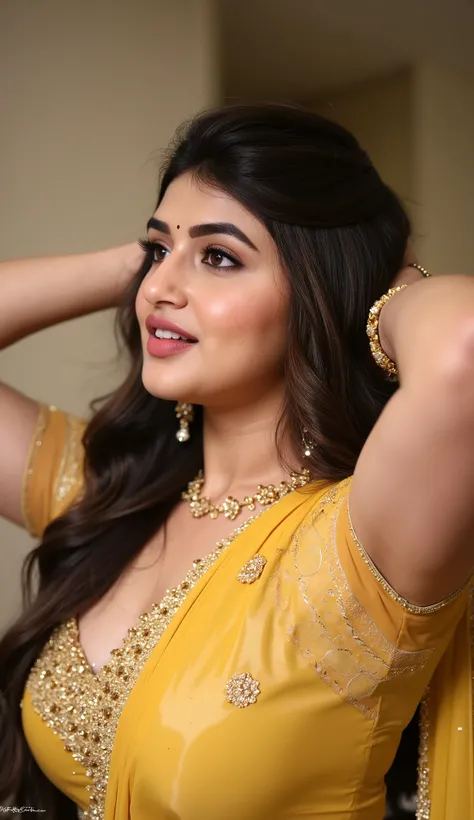 ((full body, curvy figure)), ((Indian milf, indian woman, milf)), (((ultra realistic))) Photo, masterpiece, top quality, (pale skin), (Ultra detailed face and eyes:1.2), 1 girl, Adult, ((in one size too small saree)), strapless saree blouse, ((very heavy e...