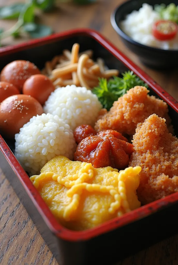 Real photo。Rice balls and omelet in a bento box、Octopus wiener、Deep-fried chicken is in it。