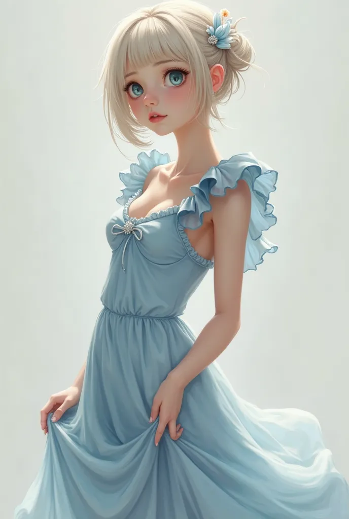  boy femboy, with a female figure, blue frills up to the shoulder,  in a dress, he lifts his dress where there are no panties, shows off her little penis.