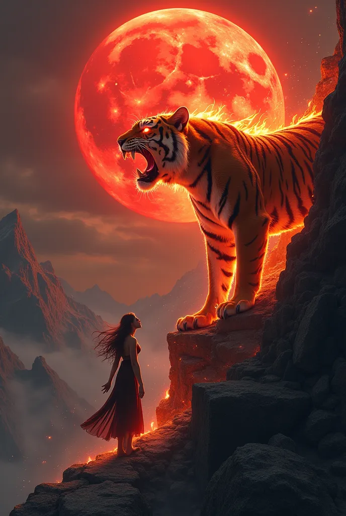 Α Woman Climbing A Mountain Will Transforming Into A Speritual Firery Tiger And Roars At A Red Moon