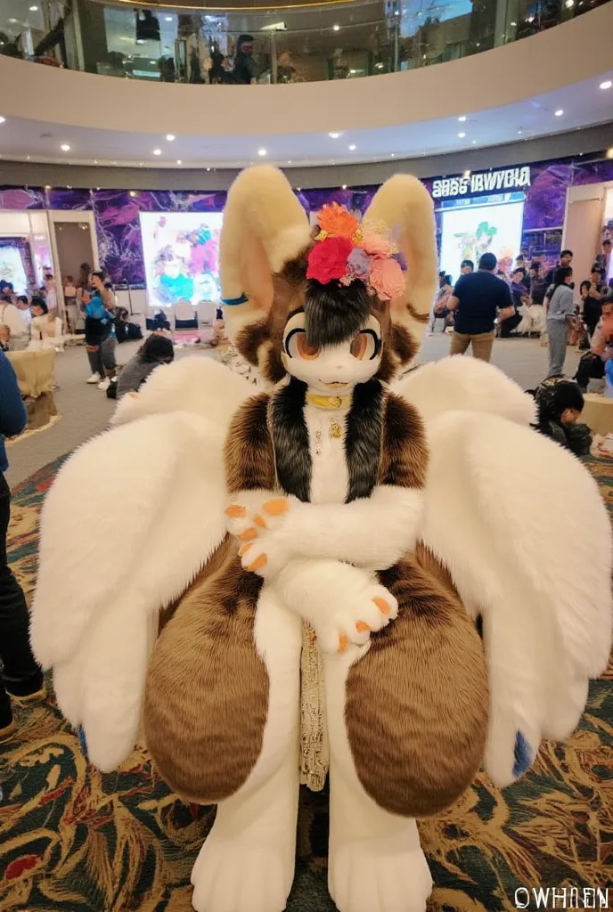 autumnal fennec fox girl, long dark brown hair, wearing flower crown, eyeshadow, orange eyes, in a convention centre, crossed arms, angel wings, closed mouth