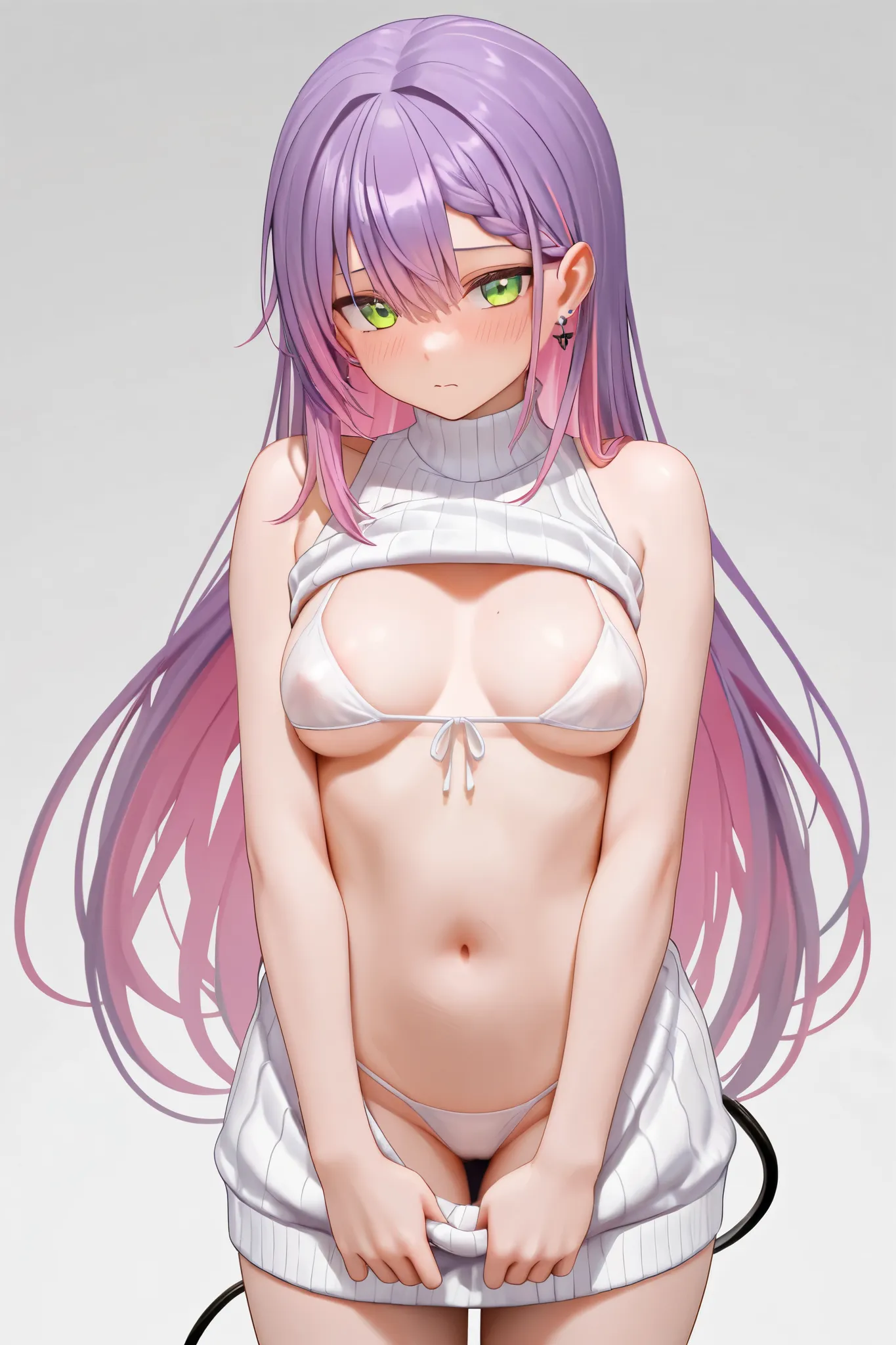 NSFW,masterpiece,top quality,High Resolution,in white for summer very detailed, Tokonami Towa\(Hololive),purple hair,green eyes,earrings, devil's tail,turtleneck sweater,long length sweater , sleeveless,Married Woman