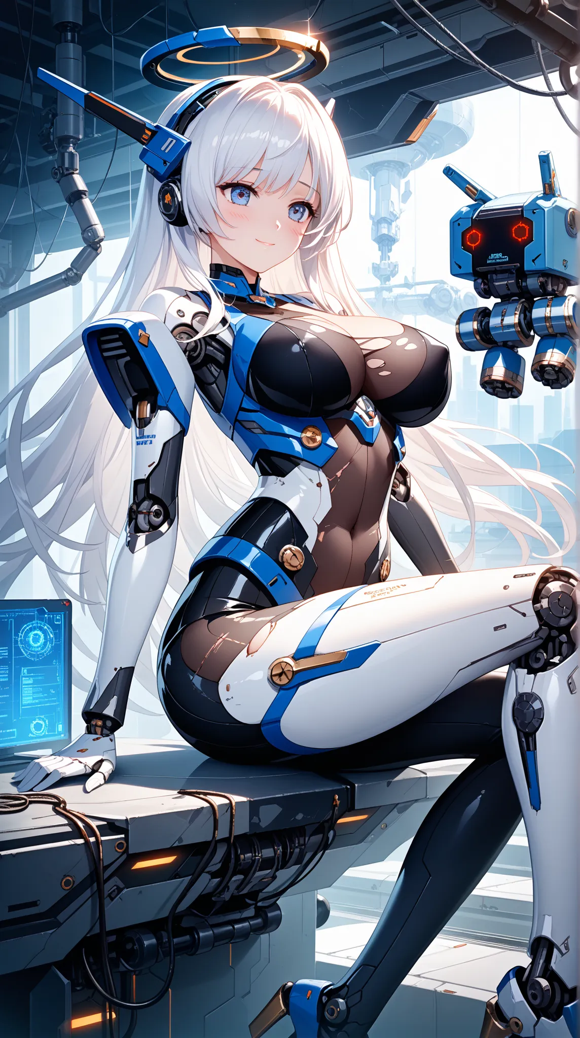 android, cyborg, highres, beautiful, machine_girl, broken, damaged, broken body, mechanical parts, masterpiece, game cg, young girl, hair intakes, shy, eye contact, leggings, detached sleeves, halo, masterpiece, best quality, highly detailed, bishoujo, det...