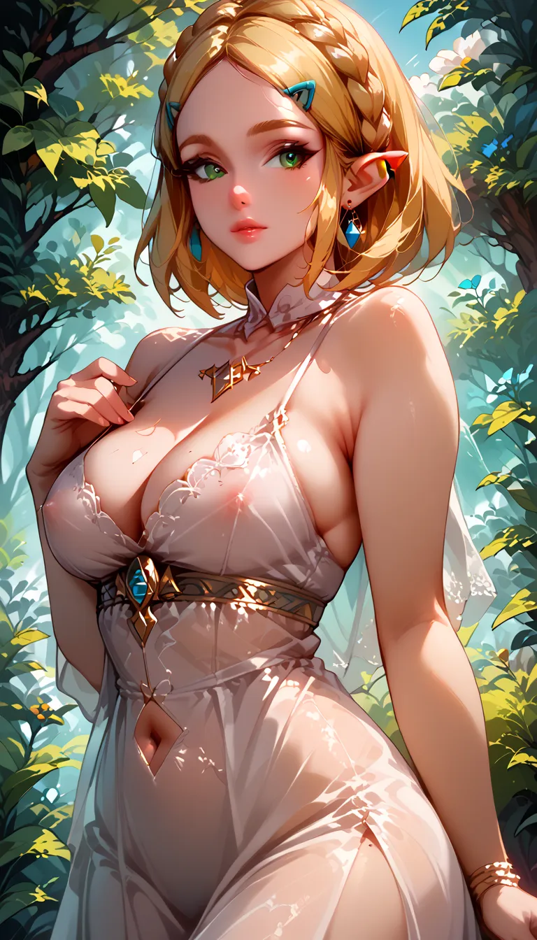 A stunning, realistic portrait of a solo female character inspired by a voluptuous Princess Zelda, featuring long blonde hair in a braid adorned with a delicate hair ornament. She wears a flowing white dress, partially see-through, with bare shoulders and ...