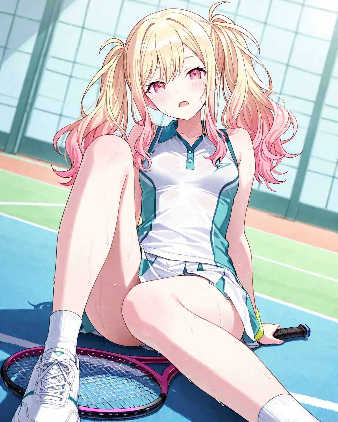 masterpiece,best quality,detailed,highly detailed,ultra detailed,extremely detailed CG,high resolution,4K,8K,solo,1girl,tenma saki,project Sekai:1.4,pink eyes,blush,small breasts,tennis uniform,white socks,Sports shoes,A gym,1girl,flat design,open mouth,op...