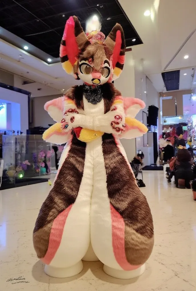 autumnal fennec fox girl, long dark brown hair, wearing flower crown, eyeshadow, orange eyes, in a convention centre, crossed arms, angel wings