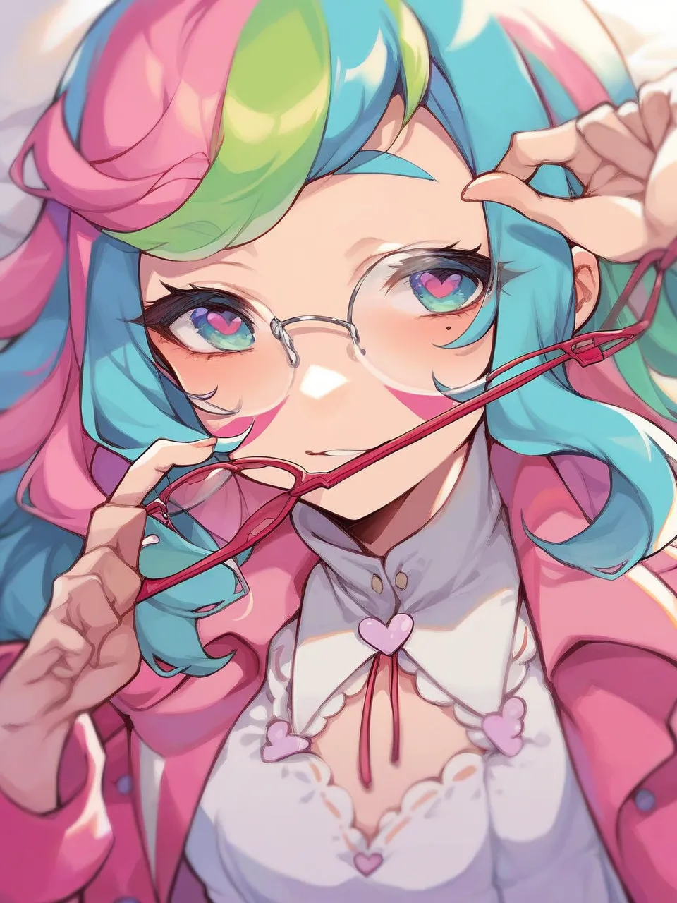 1 girl who died, Ilfluor  ,long hair,knitting glasses,multicolor hair,bungs,streak hair, hair above eyes,small breasts,mole under eye,Facial markings,heart Facial markings, white dress,jacket, Open clothes,pink jacket,
masterpiece, best quality, very aesth...