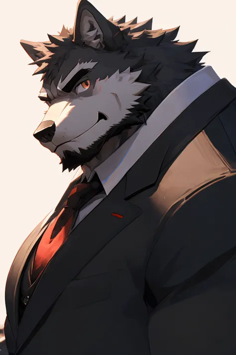 1man, Solo, Best Quality, 8k, From Front, Anime, Male Gender, Super Muscular Dark Gray Wolf, , Wears Black Suit With Black tie , Looking at the viewer, smirking, White Background, Simple Background, 