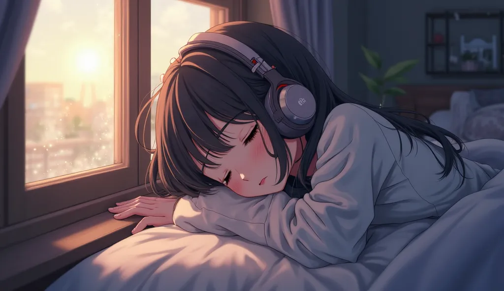 Anime girl wearing headphones sleeping by the window, 2d figure