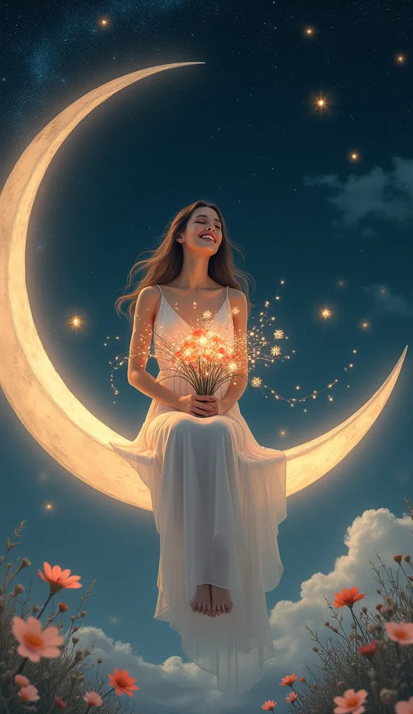 Cancer　star空
美しい女性が月の上に座っている。Smiling face with open eyes　with her face facing up and holding a sparkling bouquet of flowers in her hands。　star々Shining 　
A fantastic space with fluttering flowers
