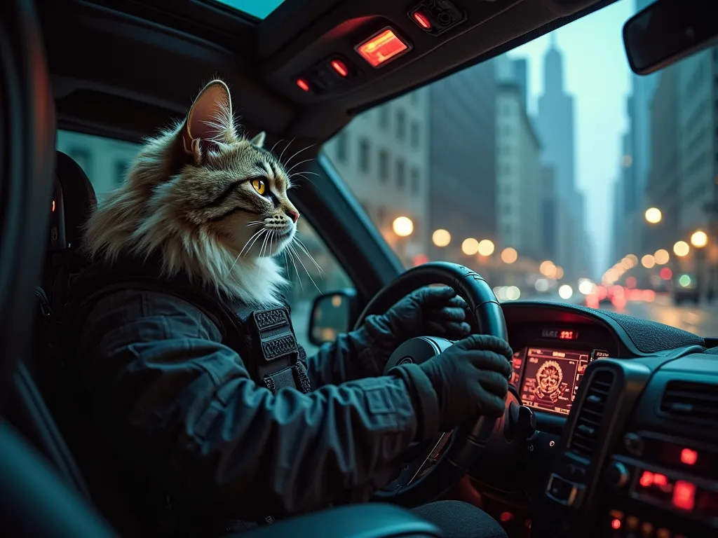 
"A highly detailed, ultra-realistic 4K image of a fluffy gray-and-white Maine Coon cat wearing a full black tactical suit, driving a heavily armored tactical vehicle at night. The cat's golden eyes are focused, gripping the steering wheel firmly. Inside t...