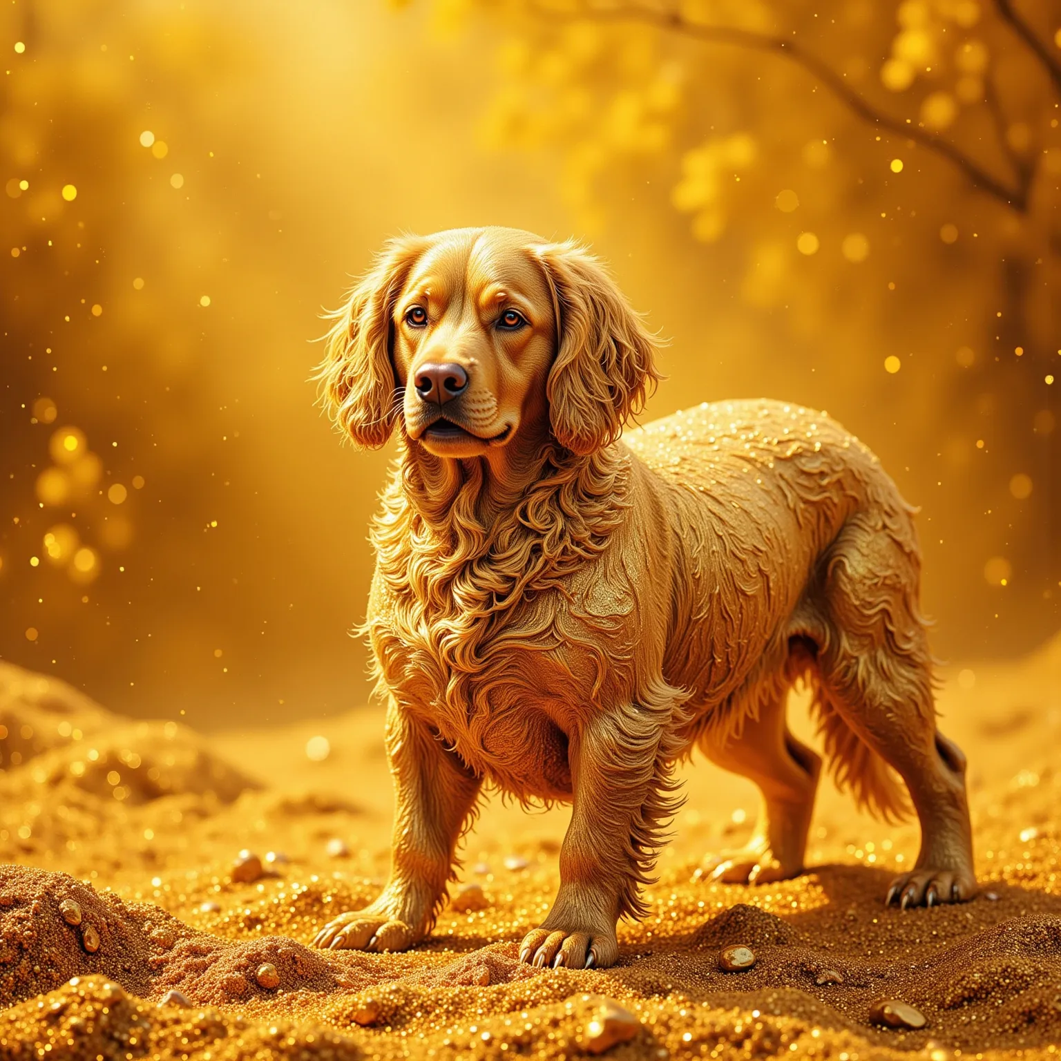 A golden dog made of gold on a background full of gold(Dog)There is one. A golden dog made of gold on a background full of gold(Dog)가 보석 장식을 하고 있는 모습Draw , A very handsome, neat, shiny and golden dog(Dog)Draw 