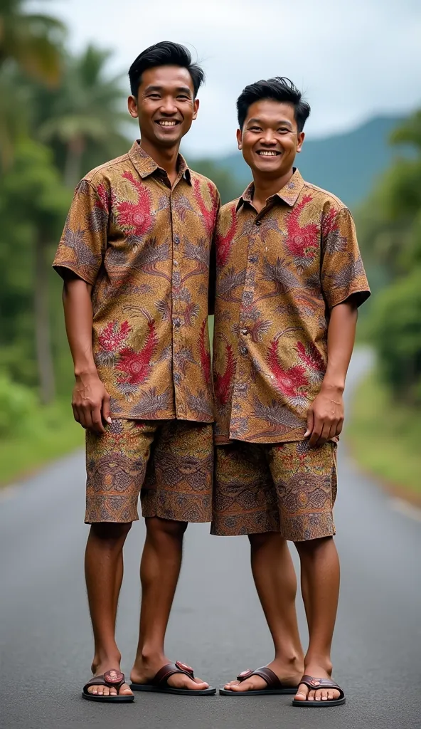 Handsome 25-year-old young man from Sitahuis of Indonesian nationality with black hair with bright white skin sweet smile wearing batik shirt and shorts. Next to him is a father wearing a batik shirt and shorts. Photo pose standing together. focus and deta...