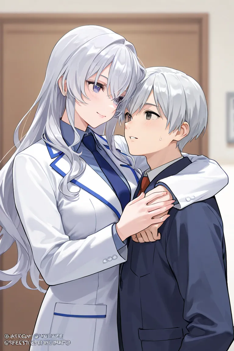 A female health insurance doctor with long wavy silver hair and a boy