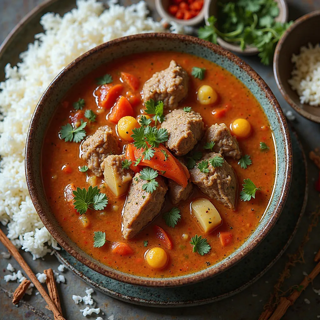 “Spicy Uzbek Mastava Soup with Lamb, white Rice, and Vegetables, taken from the top view, with smaller ingredients and finely chopped meat, made very appetizing.”