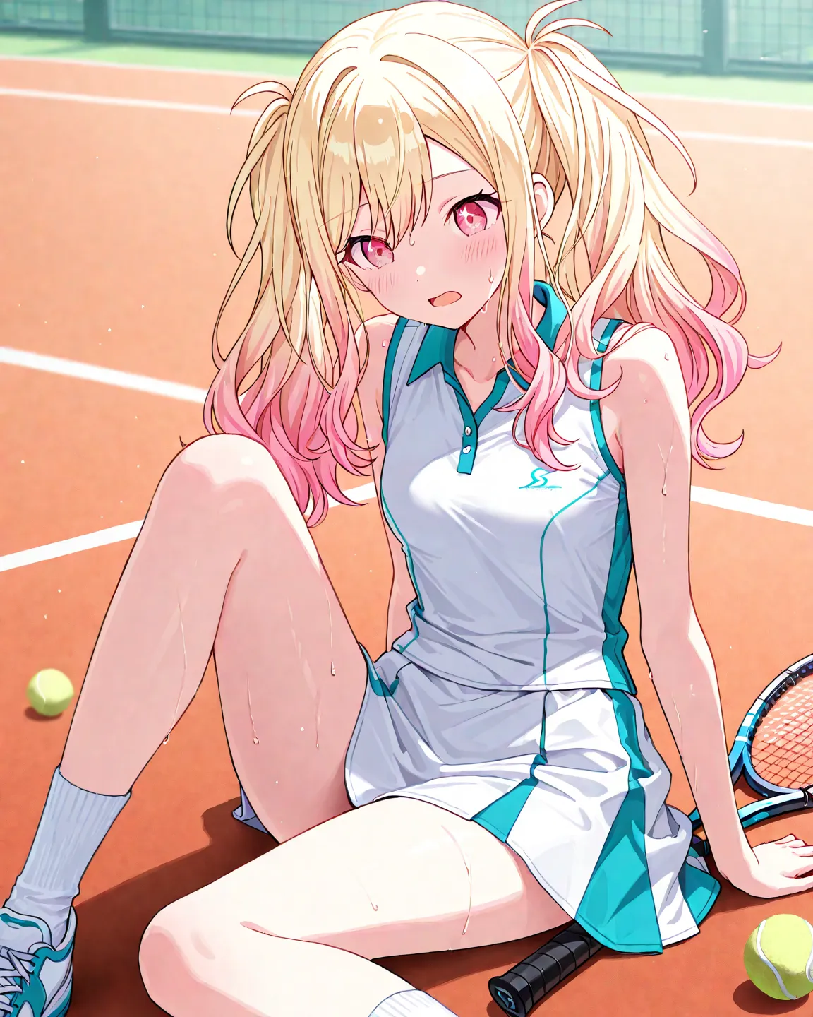 masterpiece,best quality,detailed,highly detailed,ultra detailed,extremely detailed CG,high resolution,4K,8K,solo,1girl,tenma saki,project Sekai:1.4,pink eyes,blush,small breasts,tennis uniform,white socks,Sports shoes,A gym,1girl,flat design,open mouth,op...