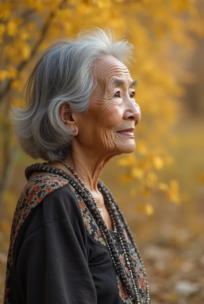 Extremely realistic photo, ((masterpiece), (best quality), (raw), (real photo: 1.4), Portrait of a 70 year old Thai woman with gray hair standing on the right side looking at ((yellow-brown background)), taken with Sony A7IV in the park.