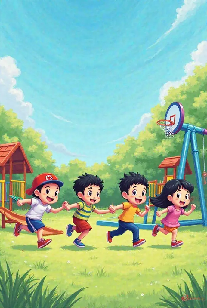 1. Pagdating sa Palaruan
✏️ Teksto:
"A sunny afternoon, anton happily went to the playground, ANA, Mario, and Sabel. They immediately run towards their favorite game."

🖼️ Picture:

Maaraw na hapon, sky blue and green grass.
Colorful playground with hammoc...