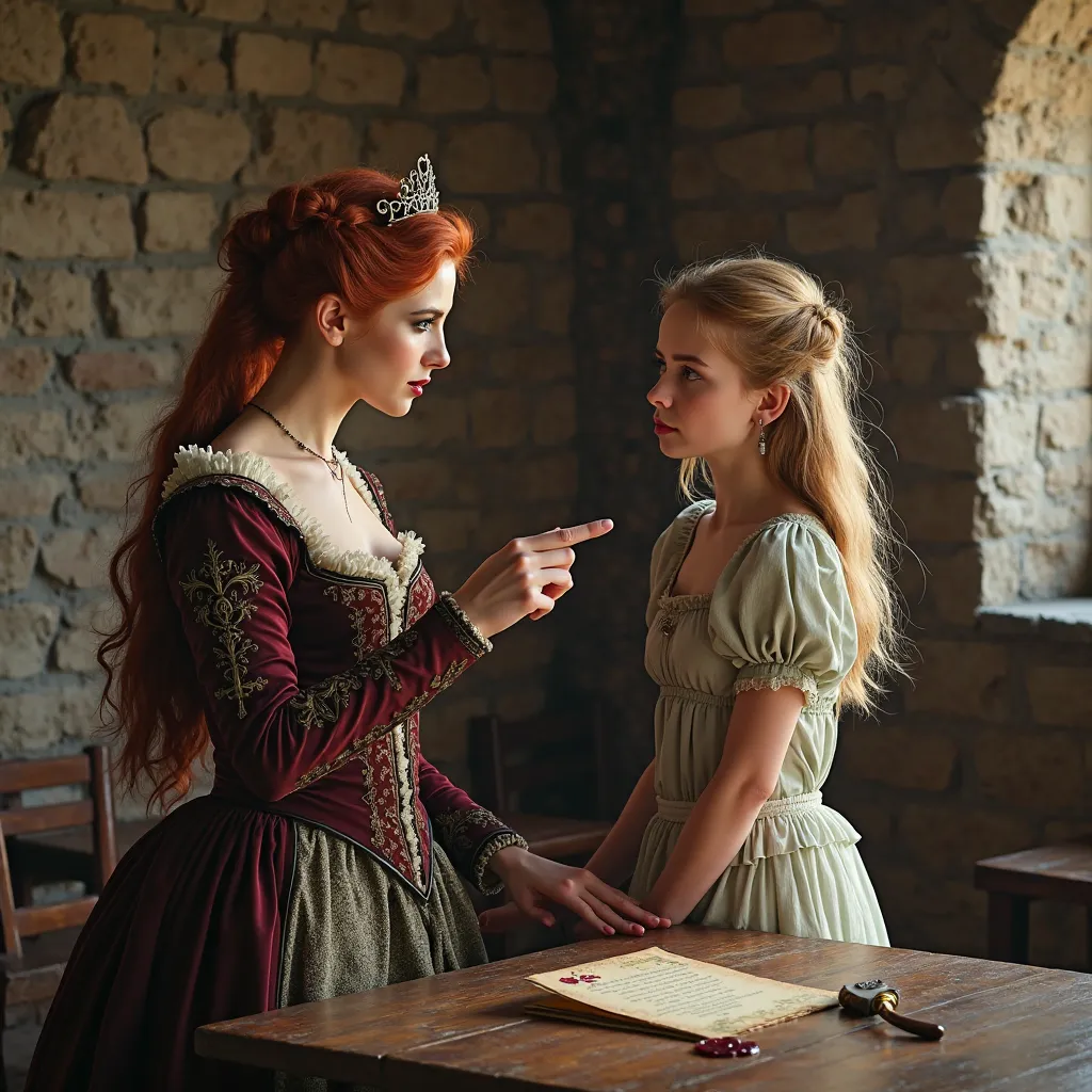 
"A photorealistic medieval room with stone walls, identical to scene 1. Two women - an older haughty stepsister and Cinderella. The stepsister appears to be in her late twenties or early thirties with reddish-auburn hair styled up with a tiara, narrow eye...