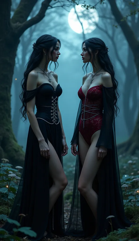 ((Masterpiece)), ((Ultra-detailed)), (High resolution 8K, RAW)), Two mesmerizing twin sisters, both in their mid-20s, standing in the middle of a dense, enchanted forest at midnight. The towering, ancient trees form a natural cathedral around them, their t...