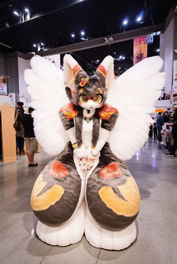 fennec fox girl, long dark brown hair, wearing flower crown, eyeshadow, orange eyes, in a convention centre, crossed arms, angel wings