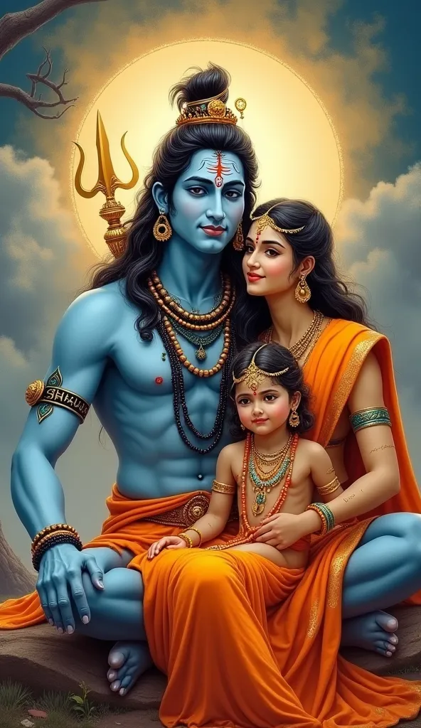 Somaskanda
"Lord Shiva as Somaskanda, seated with Goddess Parvati and their son Skanda, in a divine and peaceful setting, traditional Indian painting style, vibrant and harmonious colors, family and divine love."