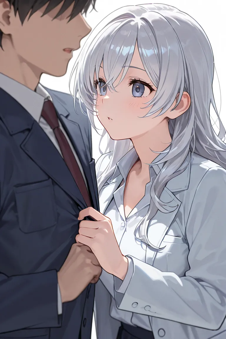 A female doctor with long wavy silver hair is examining a boy