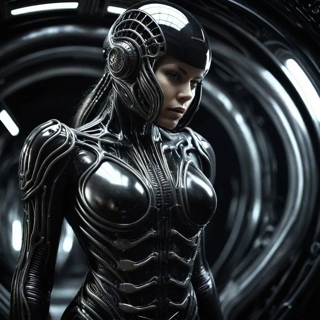 Dans un vaisseau biomécanique sombre, (style hr giger.) Une femme dans un combinaison biomécanique, couvrant tous le corps. Transpiration, corps athlbiomechanical spacecraft, hr giger style, woman in biomechanical suit covering entire body, sweating, athle...