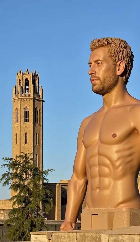 A human figure of monumental proportions, with a disproportionately large head, embraces the imposing Europa city 