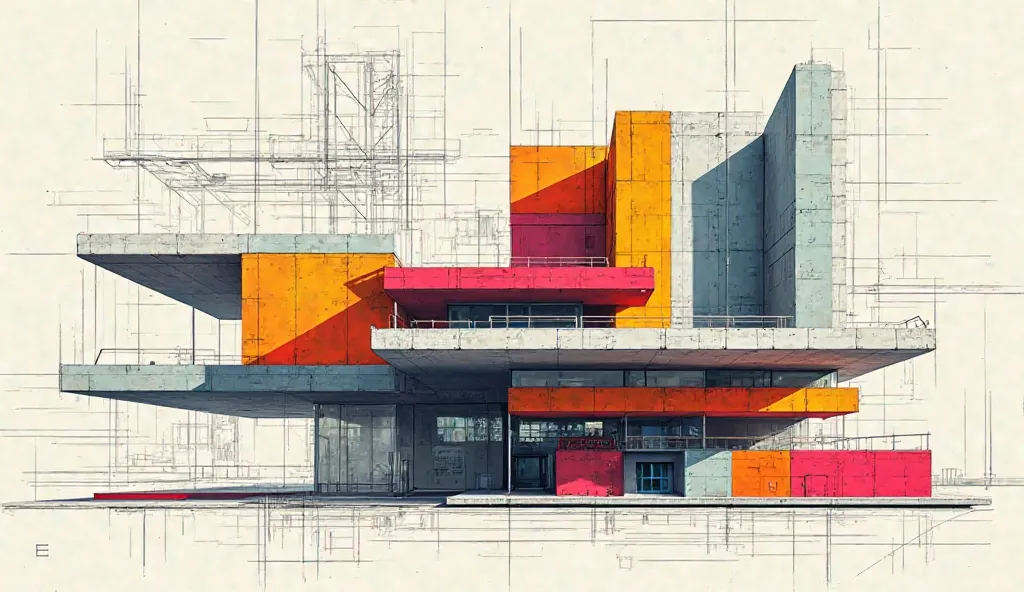 Design a futuristic architectural visualization where both the technical blueprint and the 3D-rendered structure are fully colorized using a fusion of Cubism’s geometric abstraction and Pop Art’s vibrant palette. On the left side, present a highly detailed...