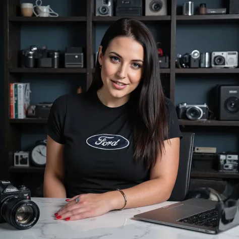 Professional photographic shot of a confident woman with long, sleek black hair, her skin glowing under direct lighting, highlighting her striking features and radiant smile. She is wearing a black t-shirt with a bold "Ford" logo, paired with silver jewelr...