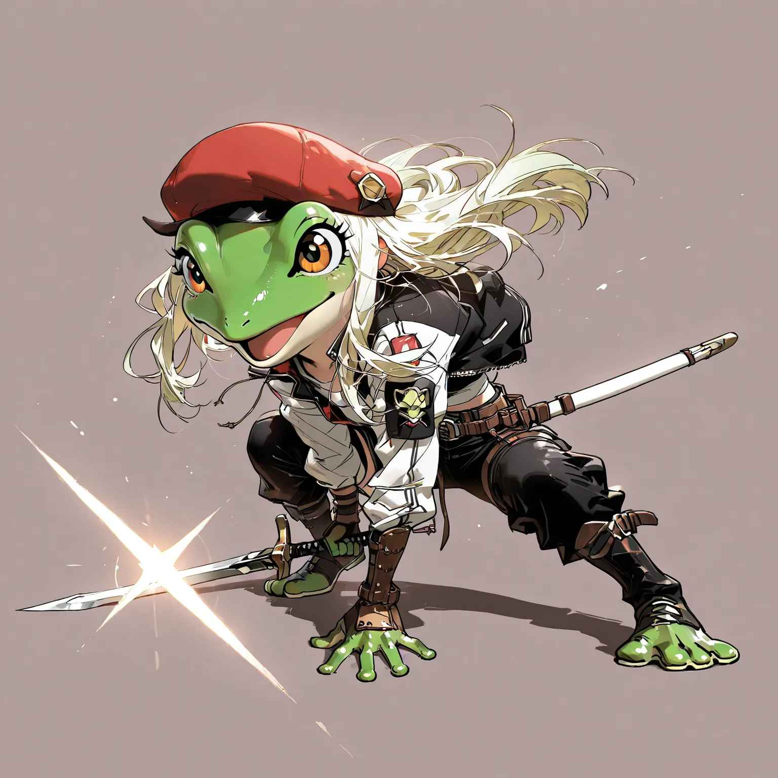 full body,  fight scene、simple background、dynamic、Great Details、Long sword、frog、black