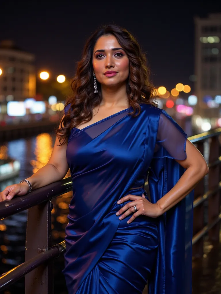 A 27 years old ,matured,american white woman with An average sized chubby body,, ivory white round-shaped face.

She and her husband. Outfit: A modern satin saree in deep blue, with a sleeveless blouse.
✅ Pose: Standing near a bridge railing, city lights r...