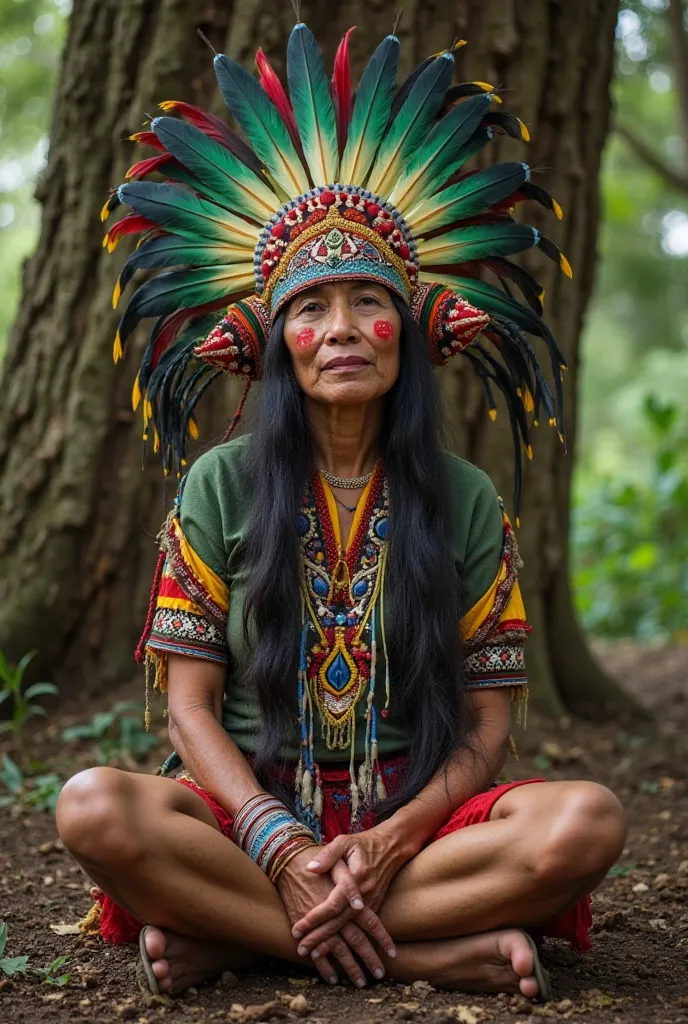 a honey-eyed Tupi-Guarani Indian woman about 60 years old, With a head covering with only large feathers and long hair , without fringe with the cheeks painted red and black . Her indigenous clothes and head covering are colored green, red and yellow. She ...