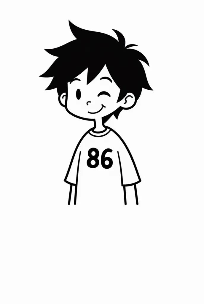 (A stylized black-and-white cartoon character with a friendly smile, in a minimalist line art style. The character has short, messy black hair and is wearing a simple white shirt with the number '86' on it. The drawing should feature clean lines and a bold...