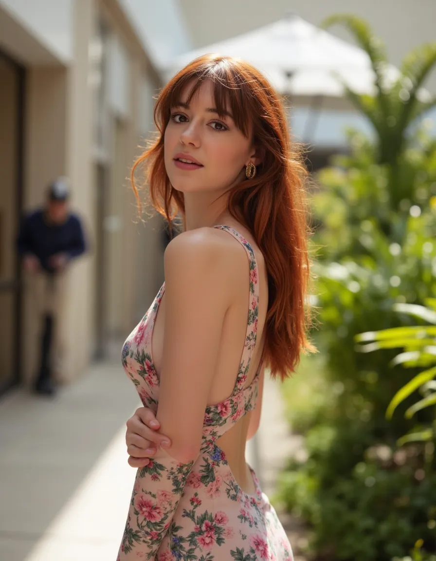 beautiful detailed photograph, , cute, youthful, casual modern urban wear,  standing in a beautiful stylish shopping mall, outdoor, medium long wavy red hair, hoop earrings, plants at background, relaxed face expression, dynamic pose, sunny weather, master...