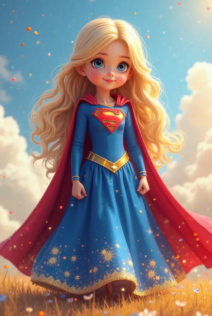 A charming little princess with long, flowing blonde hair, wearing a beautiful blue gown with sparkling golden details, is transformed into a superhero. She now wears a shiny red cape and a blue bodysuit adorned with the iconic 'S' emblem on her chest, jus...